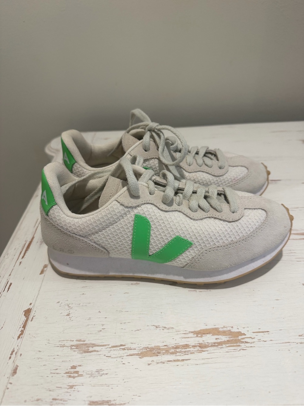 Veja Light Gray Sneakers with Bright Green V Accent